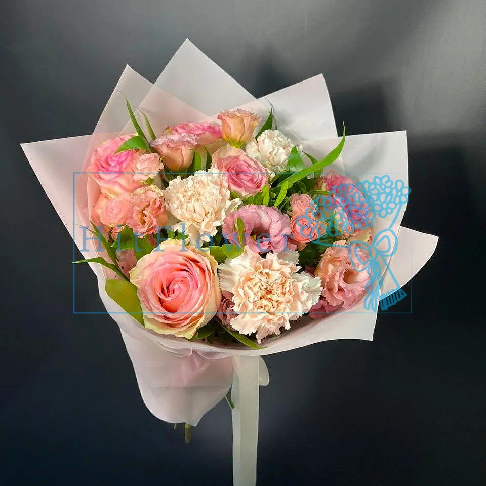 Букет цветов из: Розы, Гвоздики и Лизиантусы